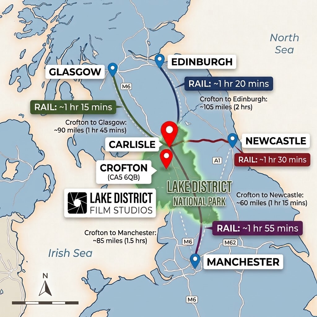 Map showing Lake District Film Studios near Carlisle with travel times to Glasgow, Edinburgh, Newcastle and Manchester