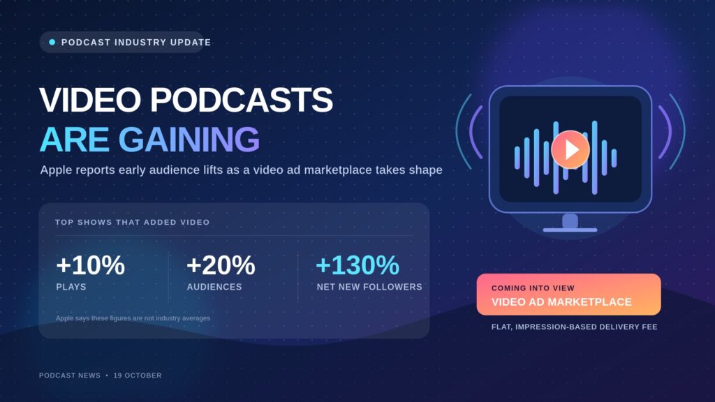Video podcasts are gaining: Apple reports plays up 10%, audiences up 20% and net new followers up 130% for top shows that added video